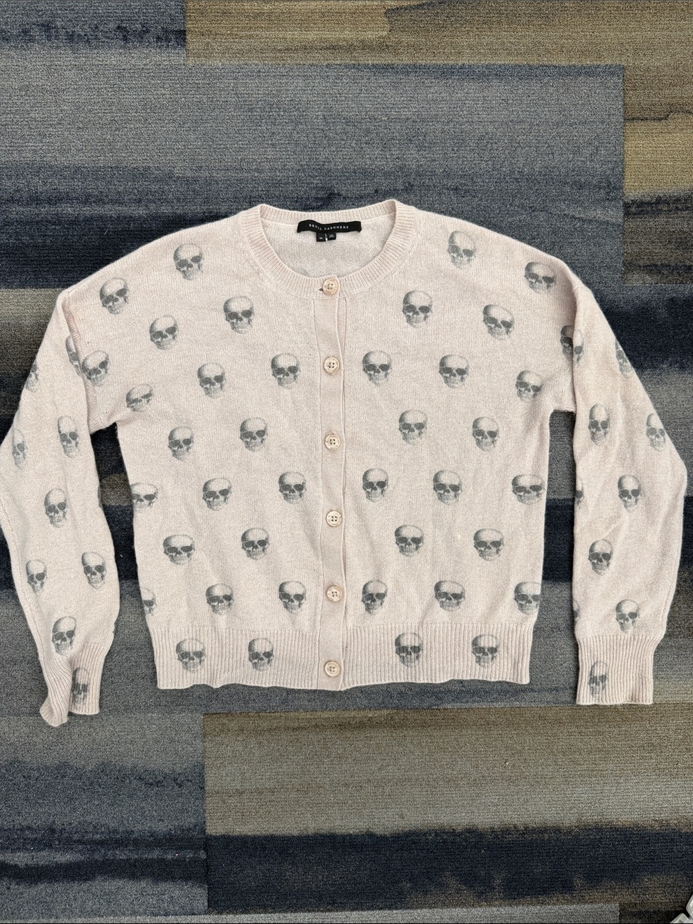 Skull Cashmere Light Tan/Brown Skull-Print Button Cardigan